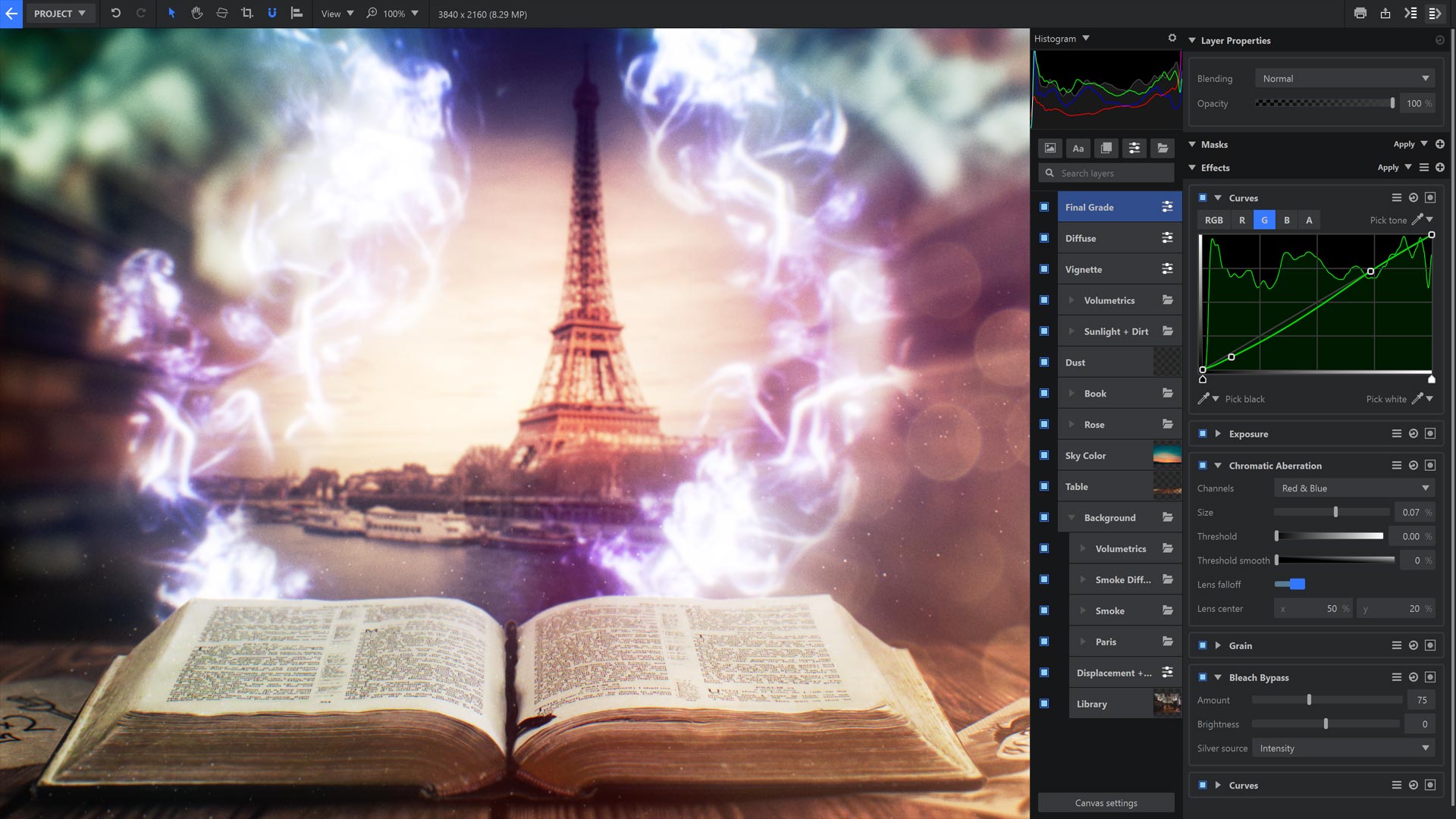 Fantasy composite of Spellbook with eiffel tower and magic effects in Imerge Pro