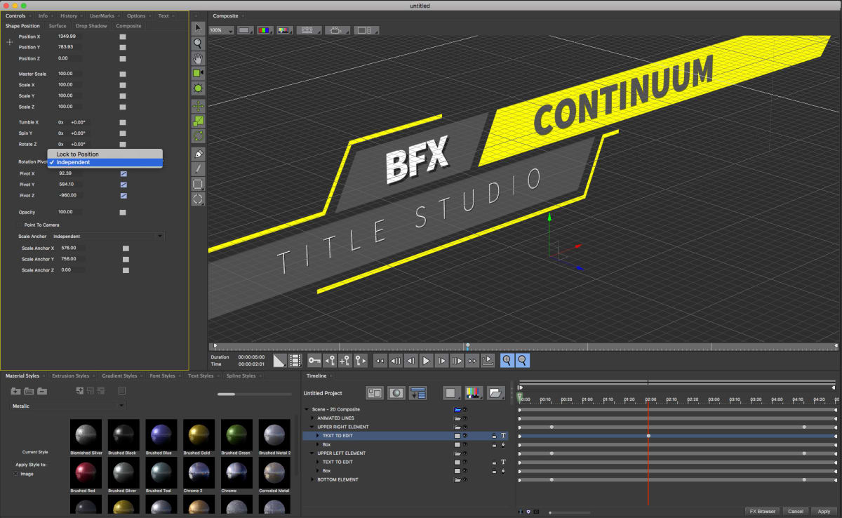 Interface of Boris FX Continuum titling studio effects software