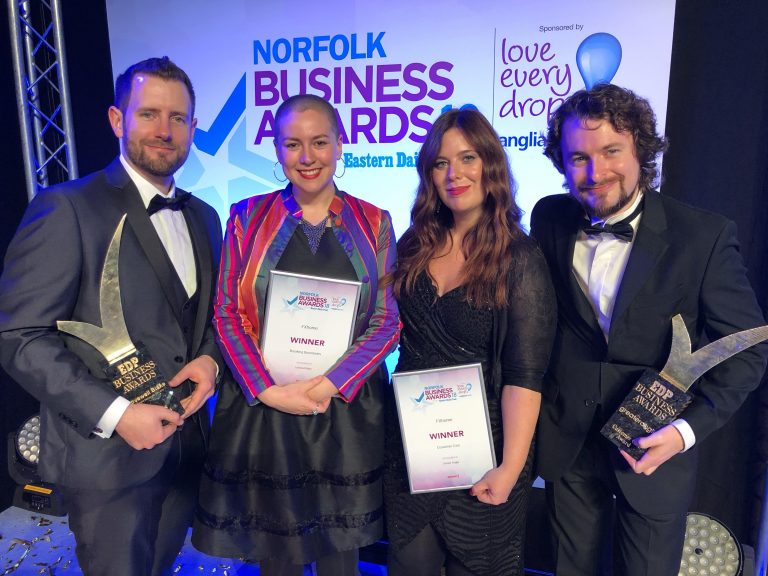 FXhome team inc. Josh Davies (CEO), Kirstie Tostevin (Marketing Manager), Andrea Wake (COO) and Dan Wood (Web Developer) at Norfolk Business awards