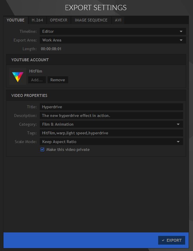 YouTube API Export settings in HitFilm Pro interface