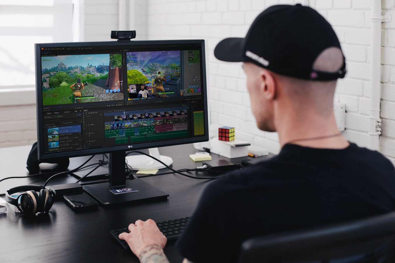 YouTuber editing a Fortnite gaming video in HitFilm Express free video editing software