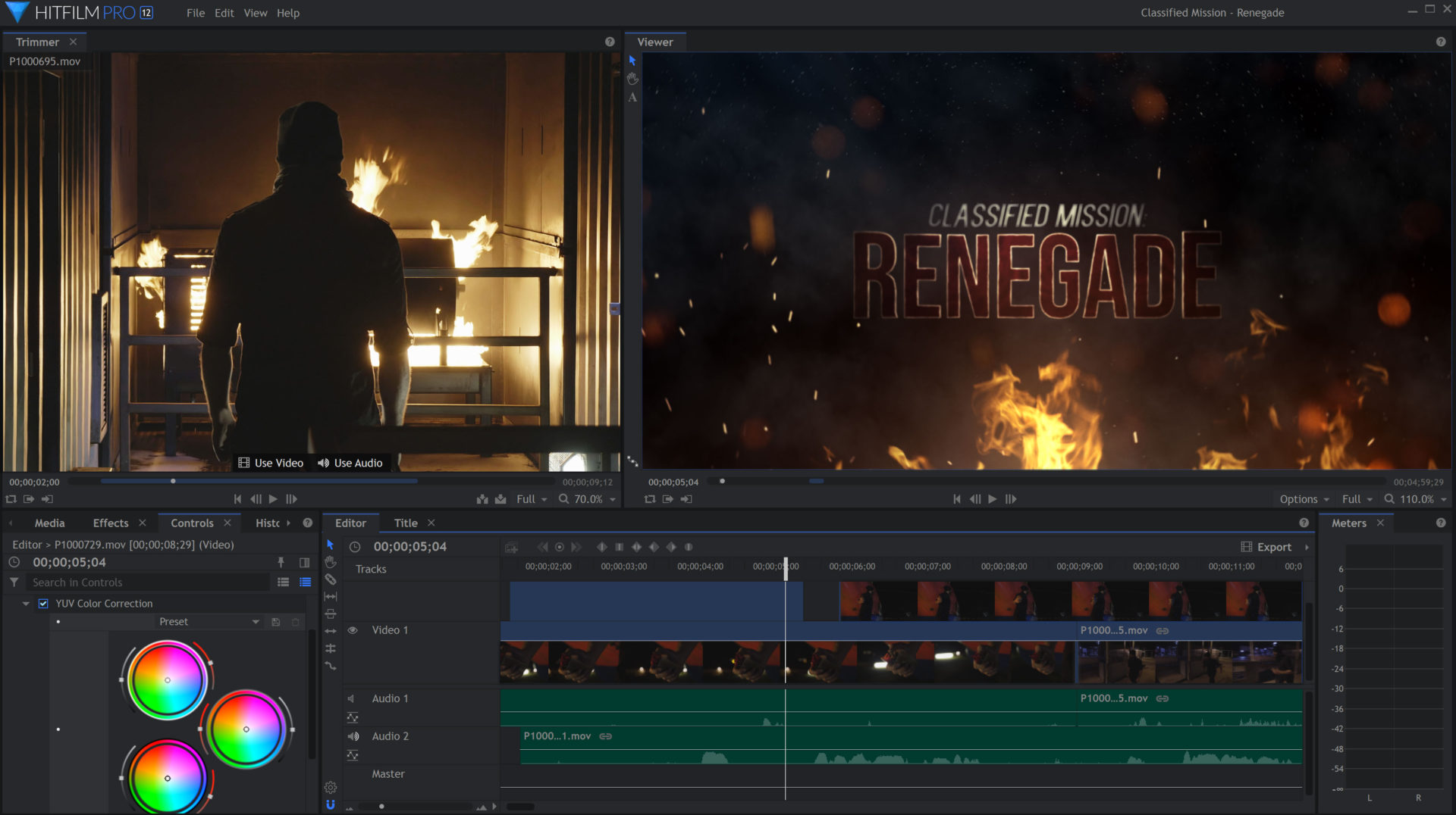HitFilm Pro 12 Interface with 'Renegade' action movie title sequence and color correction wheels