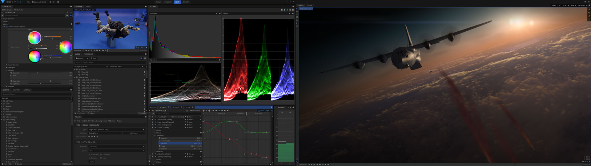 HitFilm Pro interface with color scopes and multi-screen preview of plane composite from Halo Jump VFX masterclass