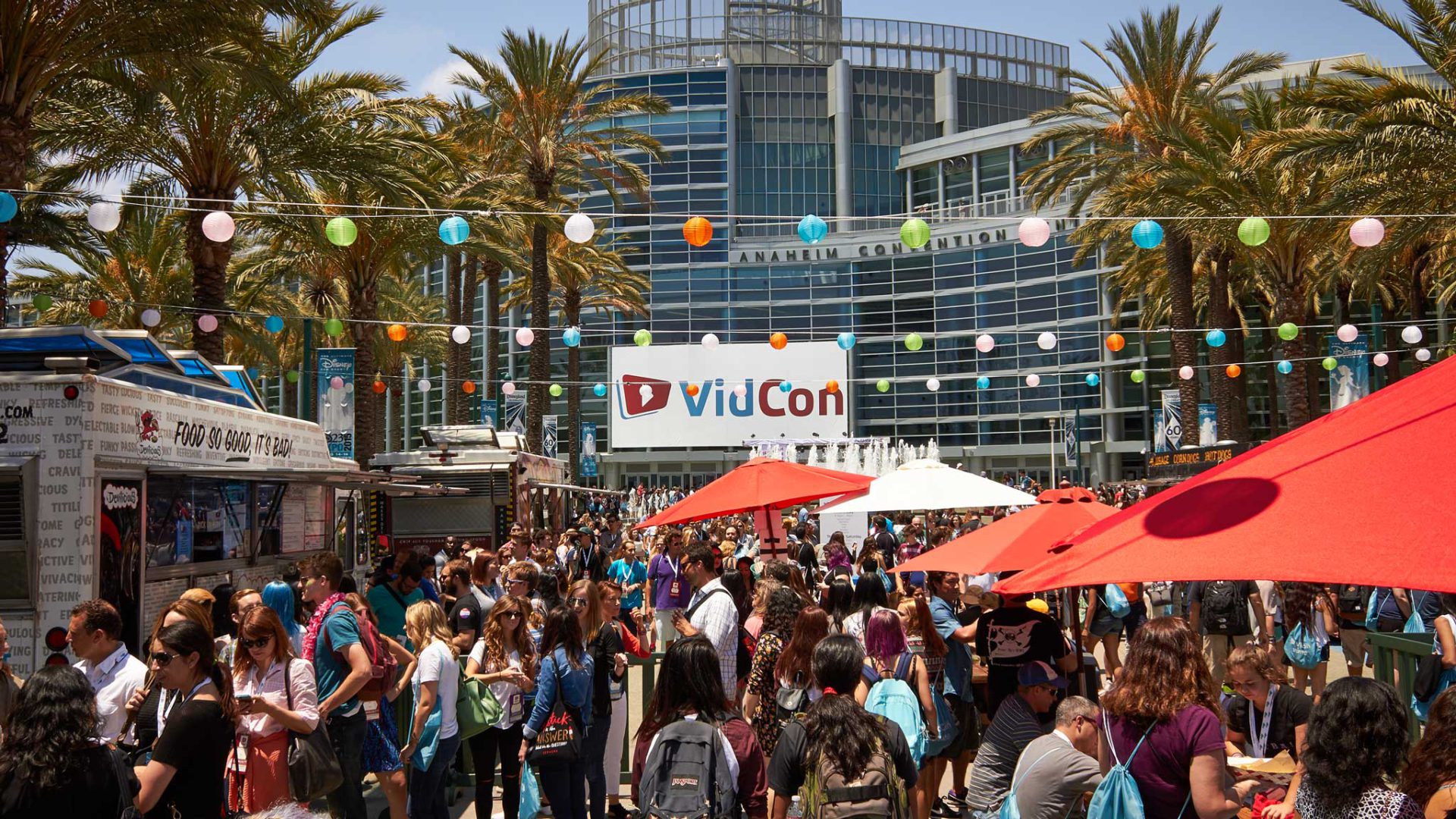 Busy crowds outside VidCon building