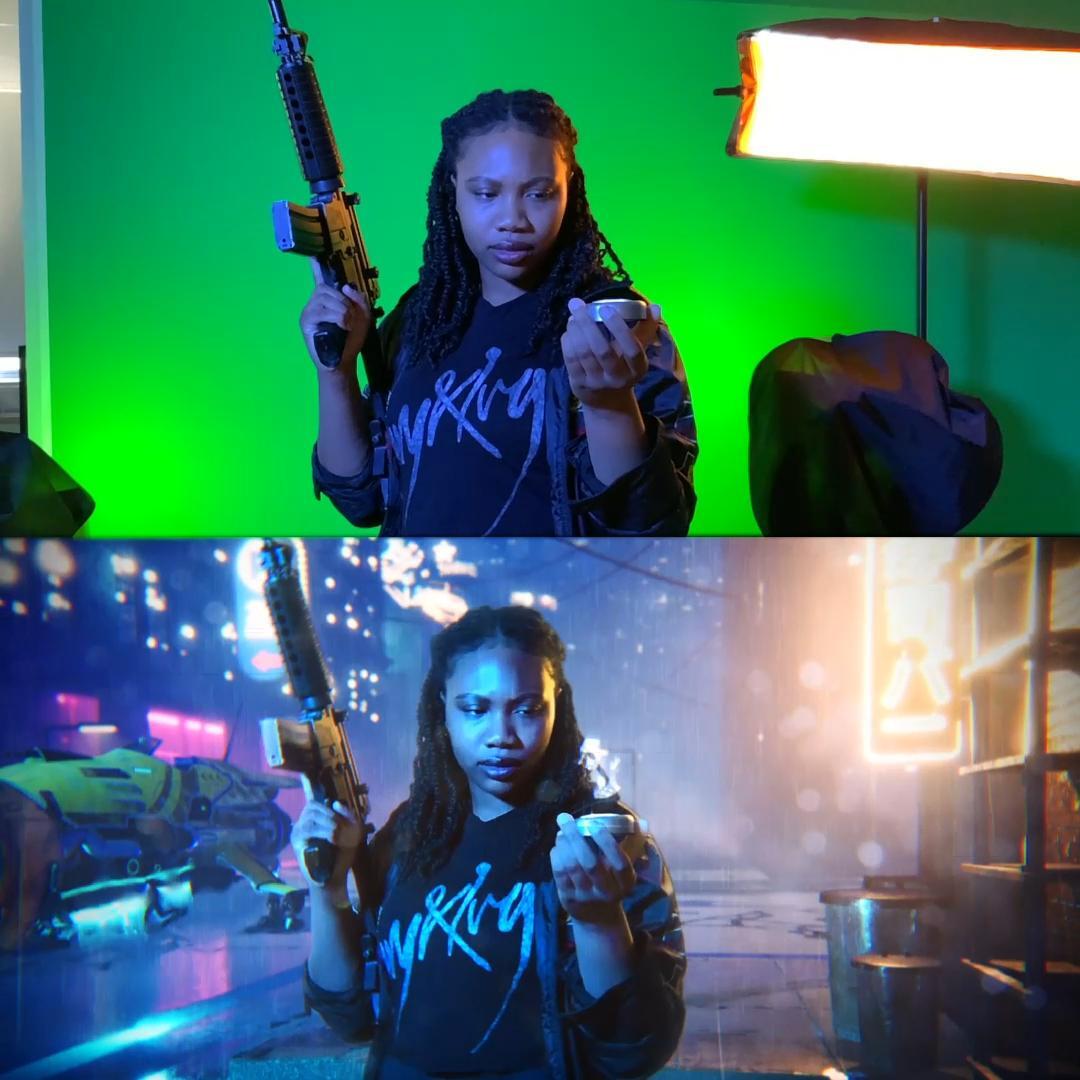 Before and after - green screen cyberpunk environment - how to create a cyberpunk scene with VFX