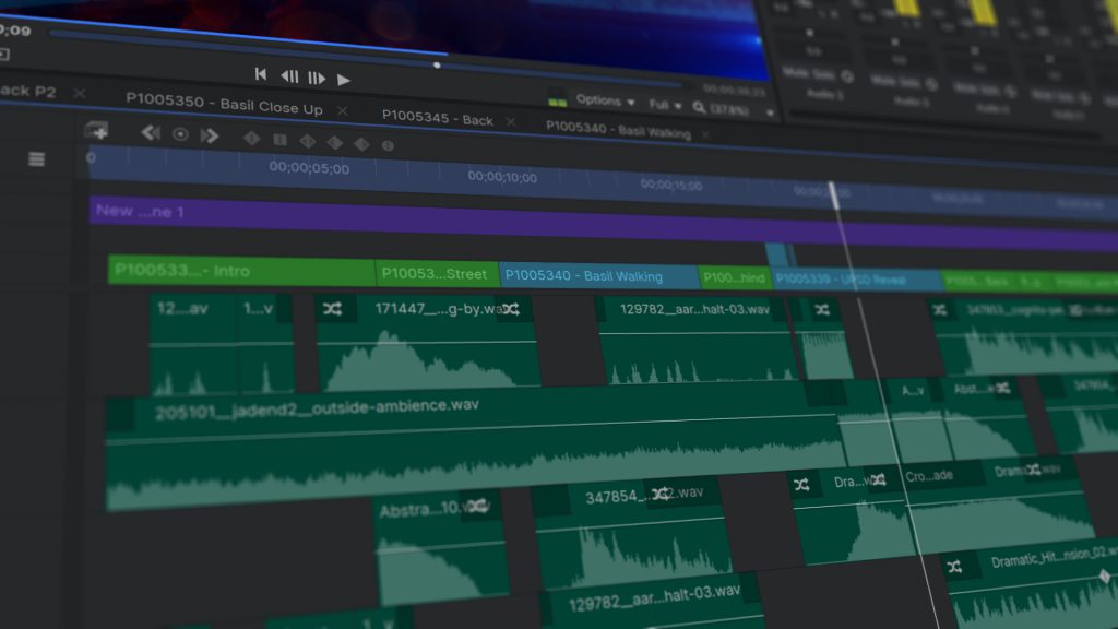 Sound design elements on an editing timeline in HitFilm