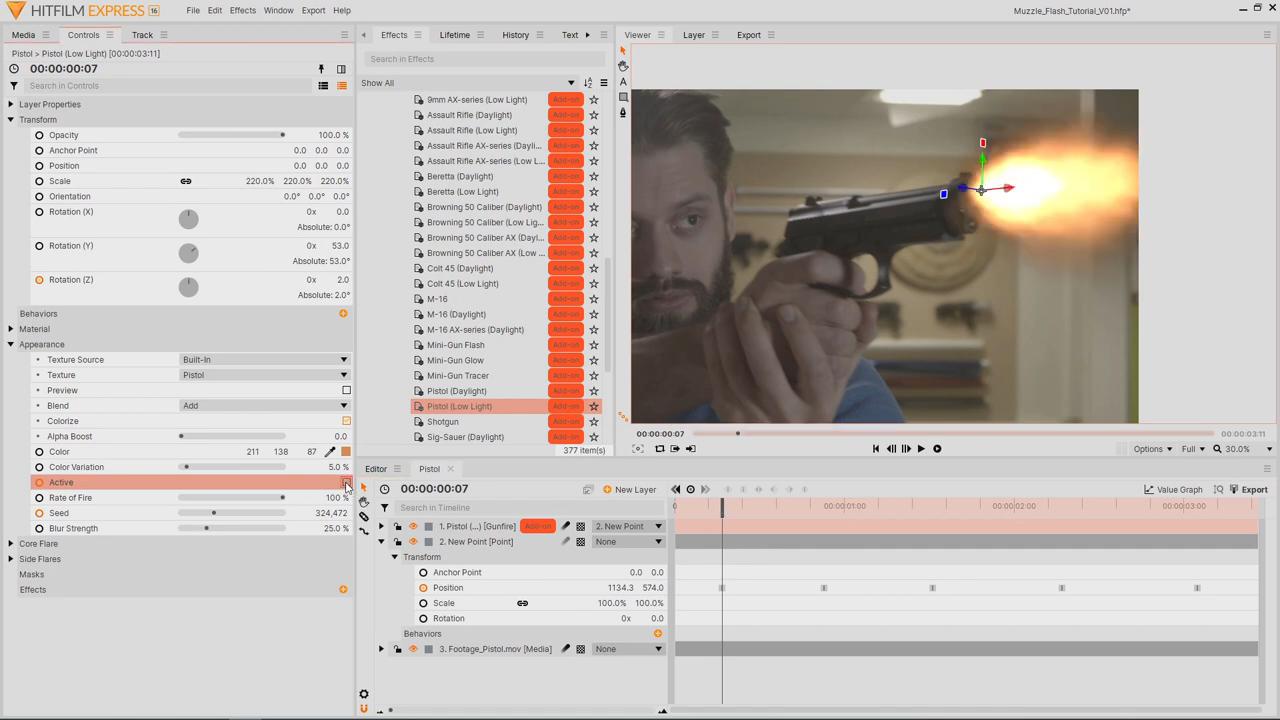 settings of the Pistol (Low-Light) preset - creating muzzle flash effects in HitFilm Express
