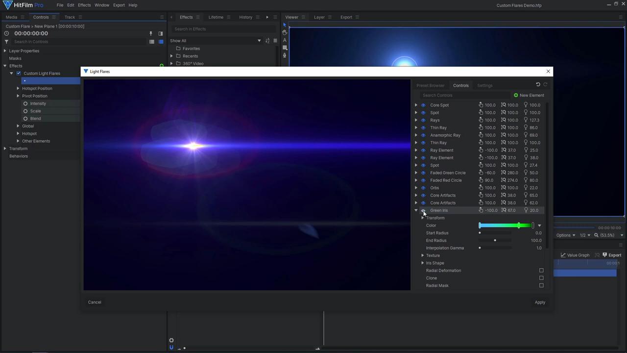 How to create custom lens flares in HitFilm Pro - custom light flare settings