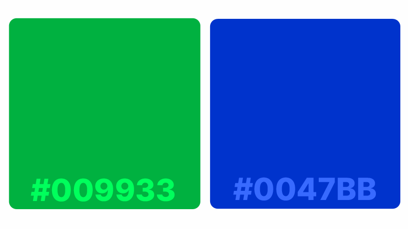 Graphic showing the recommended hex colors, #009933 for green and #0047BB for blue
