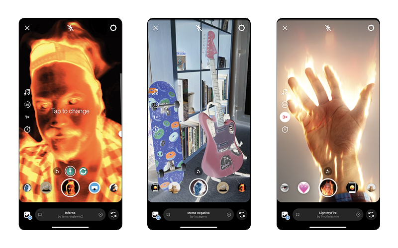 Screenshot showing three of Instagram's augmented reality effects in action: Interno, Meme negative and Lightmyfire.