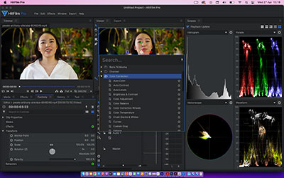 Screenshot showing the available color correction effects in HitFilm Pro