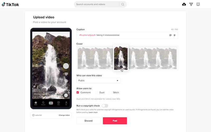 TikTok lets users pick a “Cover” thumbnail from the video’s frames during upload.