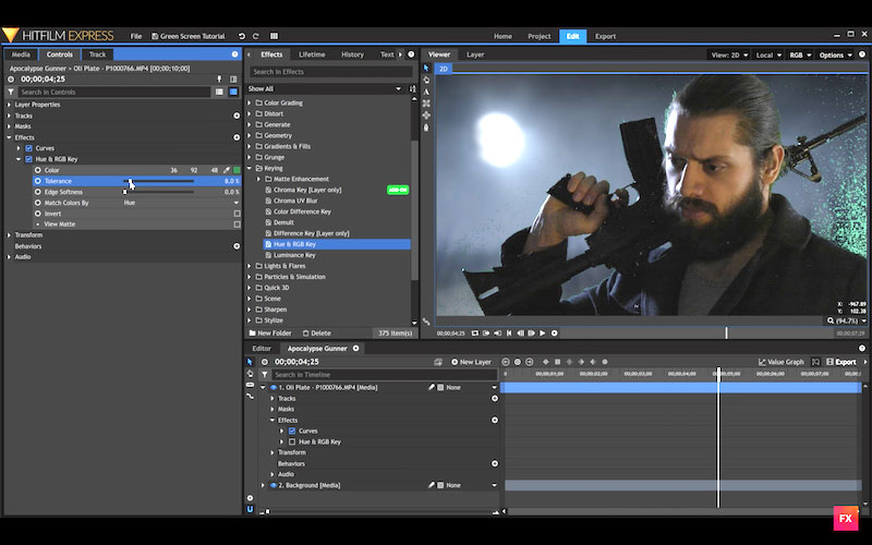 Screenshot showing the Hue & RGB effect in use in HitFilm