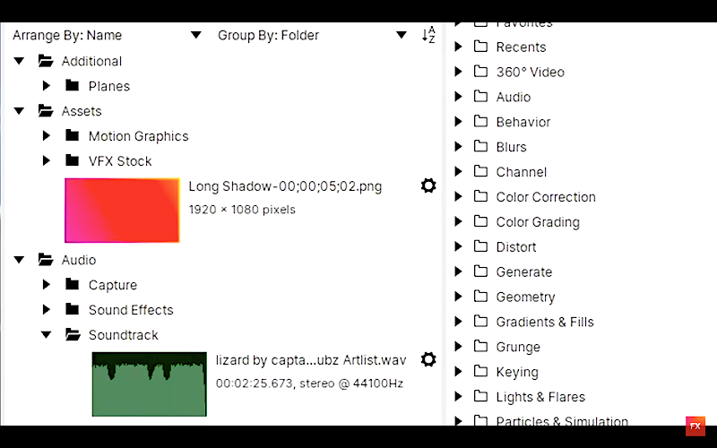 Screenshot showing the author organizing assets in HitFilm into folders